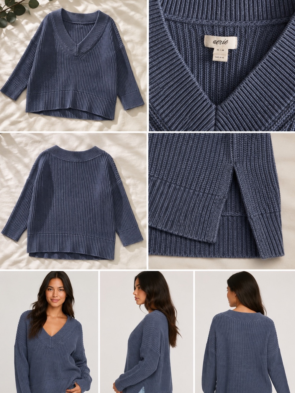 aerie Slate Blue Ribbed V-Neck Sweater
